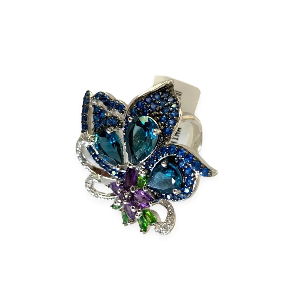 JTV London Blue Topaz Rhodium Over Sterling Silver Butterfly Ring 5.42ctw Size 5